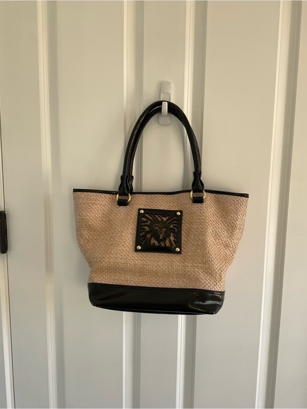 Anne Klein Tan Woven Straw Tote Bag With Black Patent Leather Trim